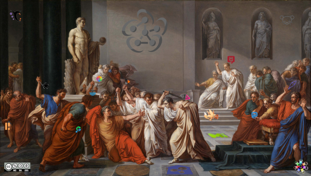 Bild aus Wikipedia ueber die Szene des Iden des Ceasar, als dieser aus den eigenen Reihen heraus im Senat zur Strecke gebracht wurde. In das Originalbild der Wikipedia wurden jede Menge fediLogos eingebaut.