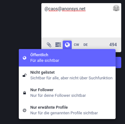 Sichtbarkeitseinstellungen bei Mastodon: Öffentlich - nicht gelistet - nur Follower - nur erwähnte Profile Sichtbarkeitseinstellungen bei Mastodon: Öffentlich - nicht gelistet - nur Follower - nur erwähnte Profile