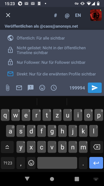 Screenshot von Tusky mit diesem Friendica-Account: Antwortoptionen sind: Öffentlich - nicht gelistet - Follower - Direkt: nur für bestimmte Benutzer sichtbar - Screenshot von Tusky mit diesem Friendica-Account: Antwortoptionen sind: Öffentlich - nicht gelistet - Follower - Direkt: nur für bestimmte Benutzer sichtbar -