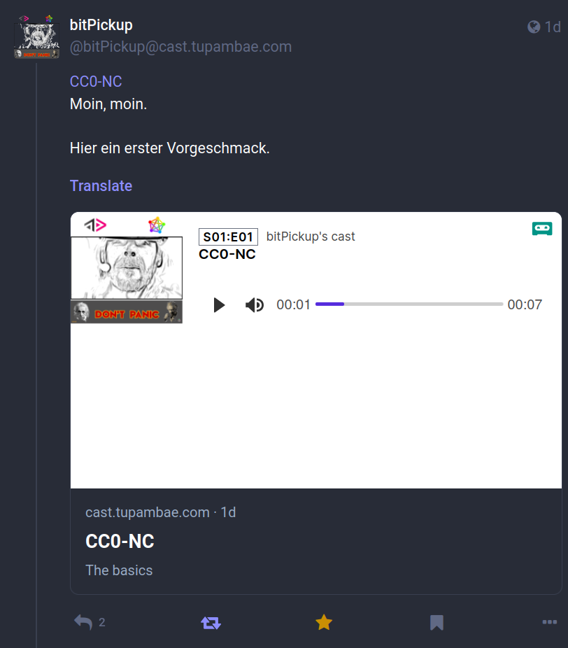 Screen of the castopod episode as displayed by mastodon after selecting the play button.