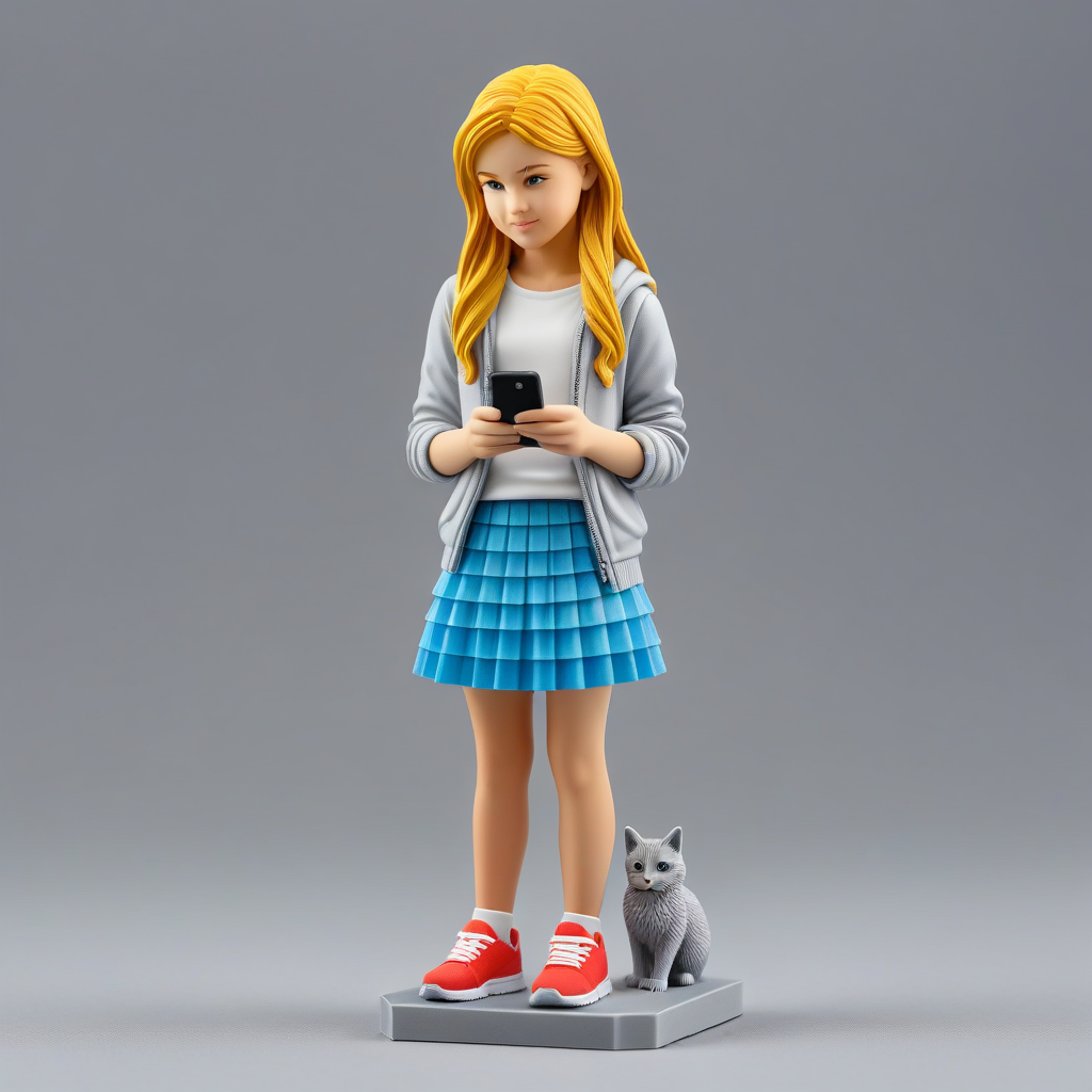 3D girl looking at smartphone with cat.