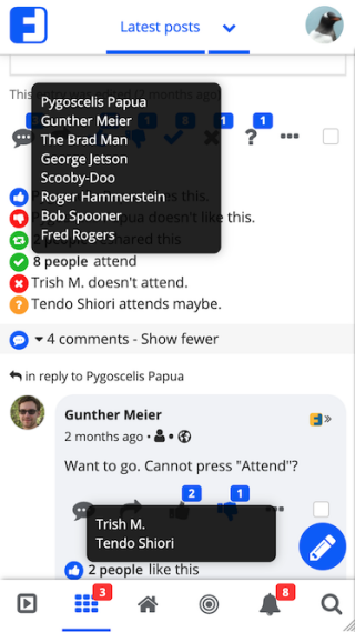 Engagement counts with icons and detail pop-over