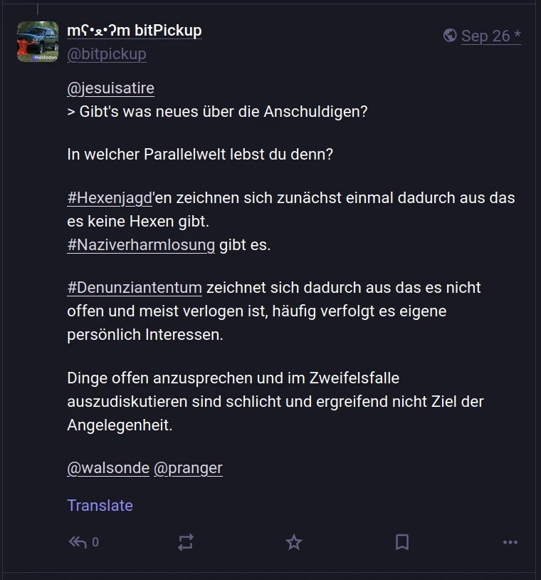 Screen of the linked answer of this profile to jesuisatires answer to the answer by utopiarte, a friendica profile, on an inicial toot by a mastodon profile that isn't available anymore.