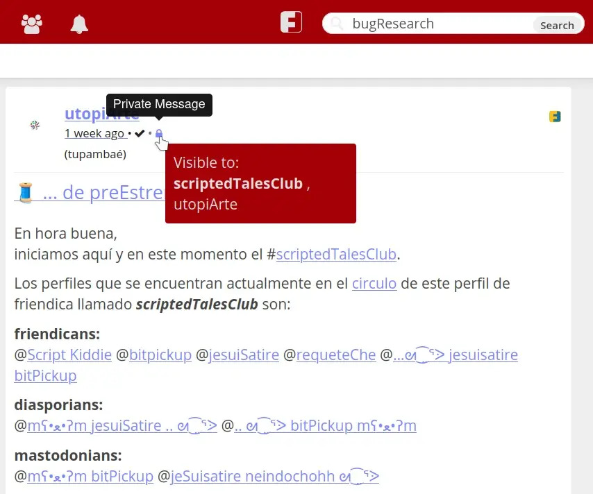 Screenshot that depicts a post published to a circle called scriptedTalesClub. The profiles being part of this circle from the get go are mentioned in the post. Apparently they are hosted by instances that provide friendica, mastodon or diaspora platforms.