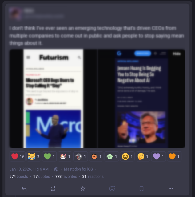Copia de tela de um toot mostrando reações ao post com diversos emojis, não somente os que são o padrão do Mastodon (botão de curtir, salvar ou compartilhar). Ali aparecem emojis de corações em diversas cores, animaizinhos, carinhas etc.