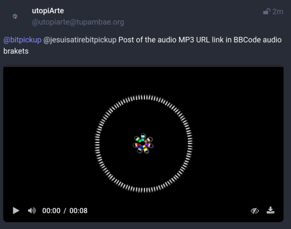 Screen of the audio mp3 URL link posted in BBCode brackets from friendica as seen from mastodon.