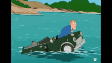 Cartoon image of a guy standing on his car while it is drowning in a lake, making a salute.